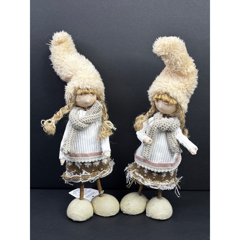 Set of 2 Winter Girl Gnome Nordic Holiday Doll Decor 12" Silver Tree